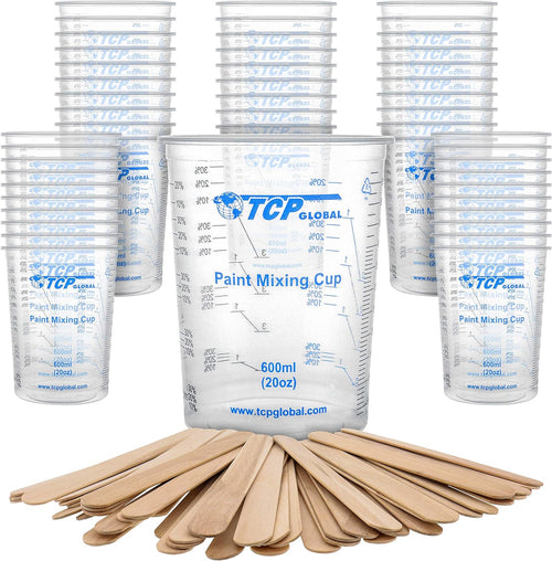 20 Oz. (600Ml) Graduated Plastic Mixing Cups - Box of 50 | plus 50 Mixing Sticks, Disposable Plastic Measuring Cups for Liquids, Paints, Resin, Epoxy, Kitchen , Ratios 2-1, 3-1, 4-1 ML