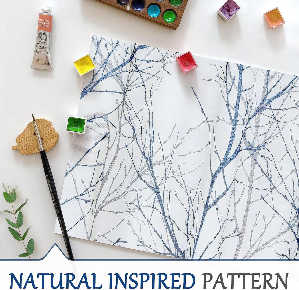 Blue Kitchen Valance Curtain for Living Room Grey Branch Print on Linen Texture Look Window Valance for Bedroom Rod Pocket Window Treatment 1 Panel, 50 X 18 Inches