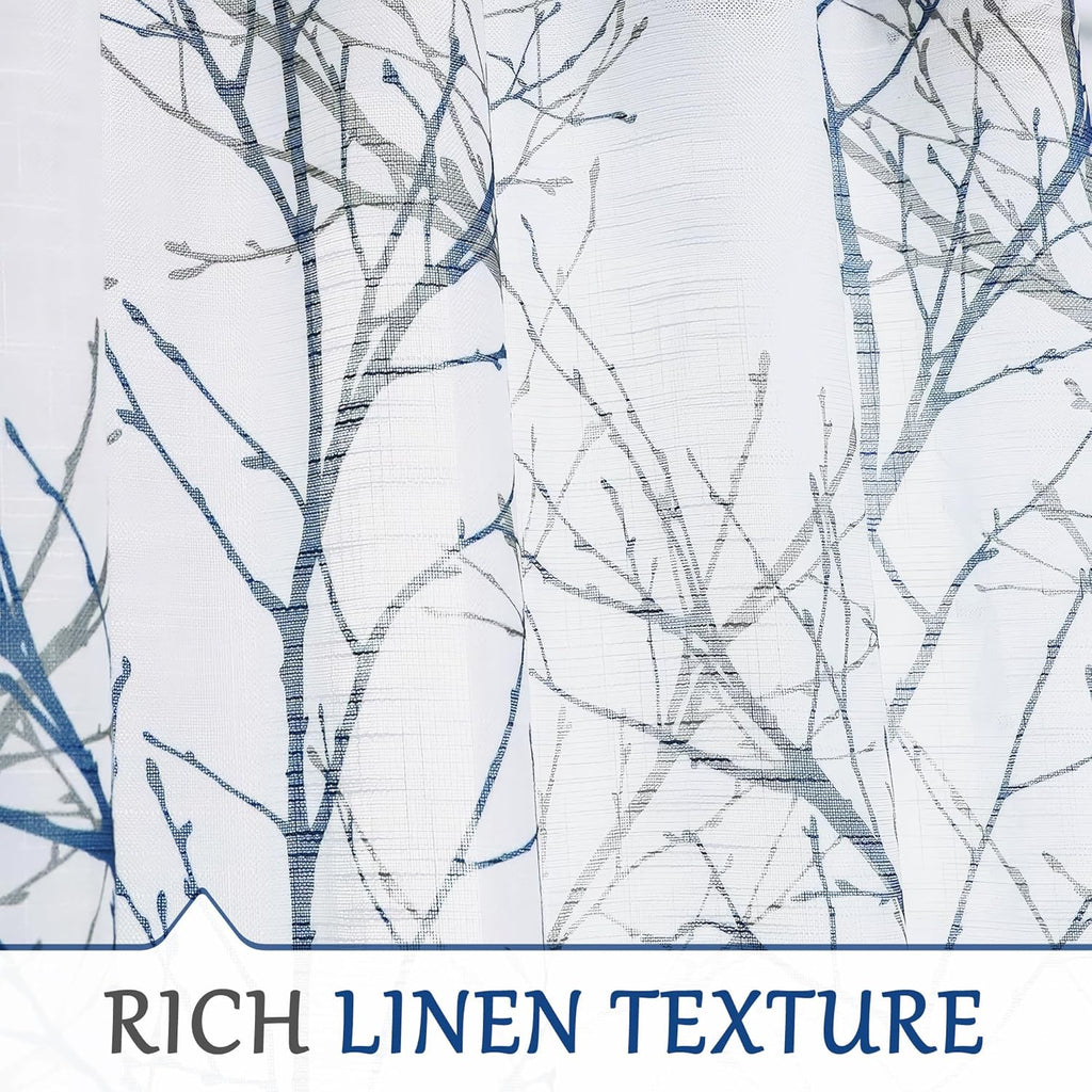 Blue Kitchen Valance Curtain for Living Room Grey Branch Print on Linen Texture Look Window Valance for Bedroom Rod Pocket Window Treatment 1 Panel, 50 X 18 Inches