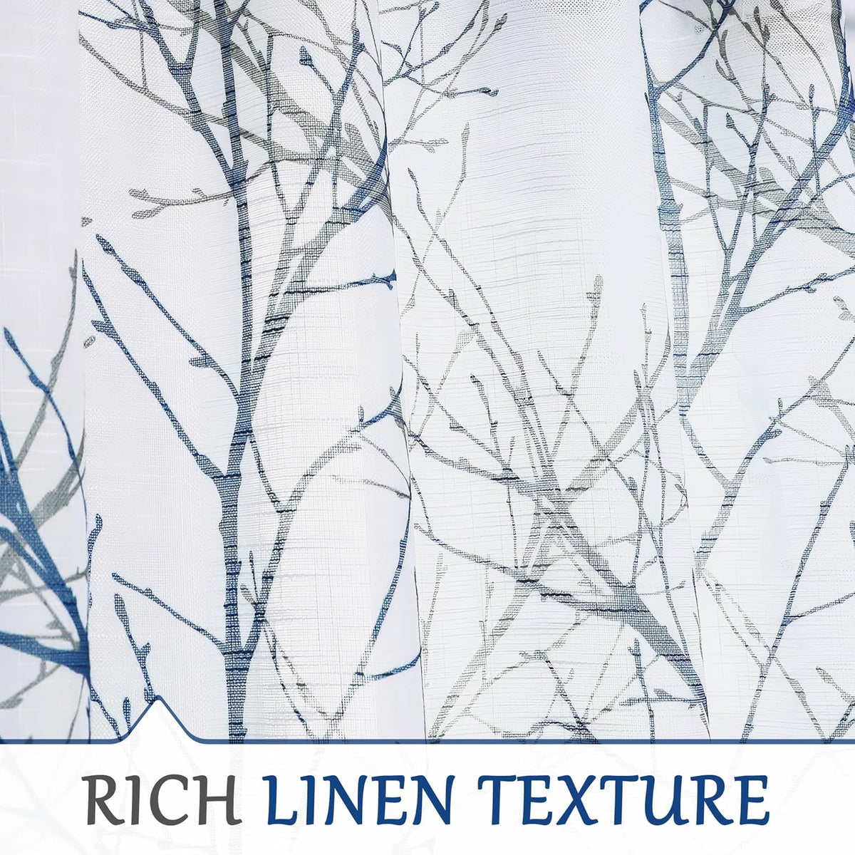 Blue Kitchen Valance Curtain for Living Room Grey Branch Print on Linen Texture Look Window Valance for Bedroom Rod Pocket Window Treatment 1 Panel, 50 X 18 Inches