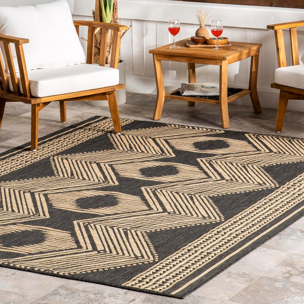 Ranya Dark Grey Geometric Indoor/Outdoor Area Rug, 5' X 8'