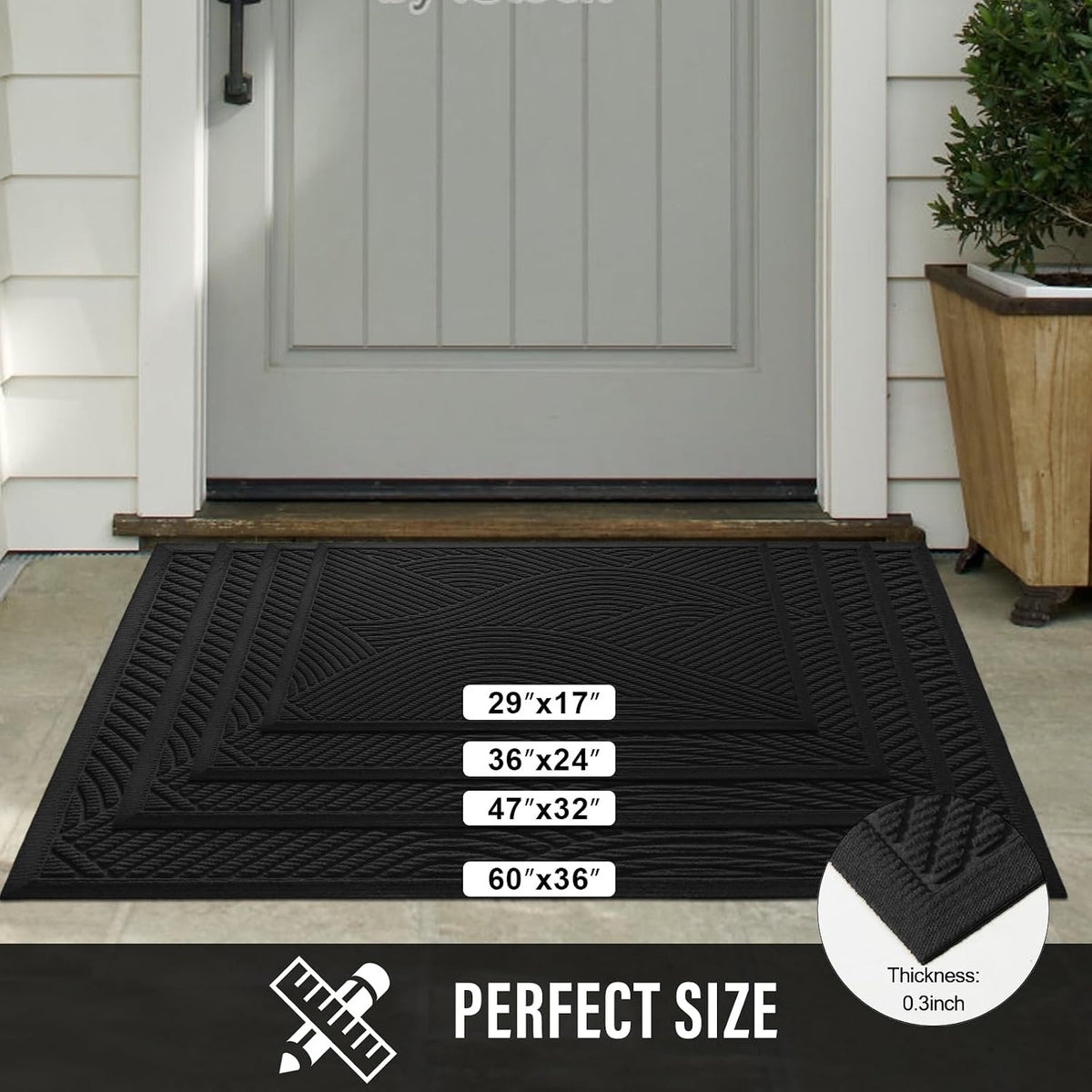 Sturdy Front Door Mat, Absorbent Muddy Dirt Resist Welcome Door Mats Outdoor Indoor, Stain and Fade Resistant, Non-Slip Backing Entry Mat Low Profile Doormat for Entryway, 60×36, Black