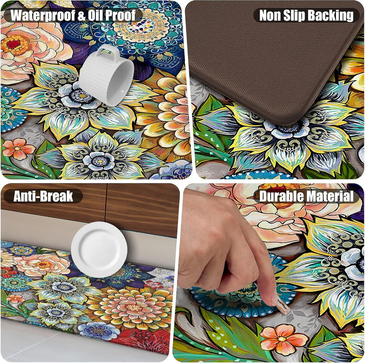 Floral Kitchen Runner Rug Mat for Floor Boho Cushioned Anti-Fatigue Mat Memory Foam Standing Desk Padded Comfort Floor Mat for Sink, Office, Laundry, 17.3X47 Inch - 1/2 Inch Thick