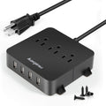 Power Strip with USB - Wall Mountable Power Strip with 4 USB Ports & 3 Outlets with On/Off Switch & 5Ft Extension Cord for Cruise Ship, Travel, Hotel, Office (Black)