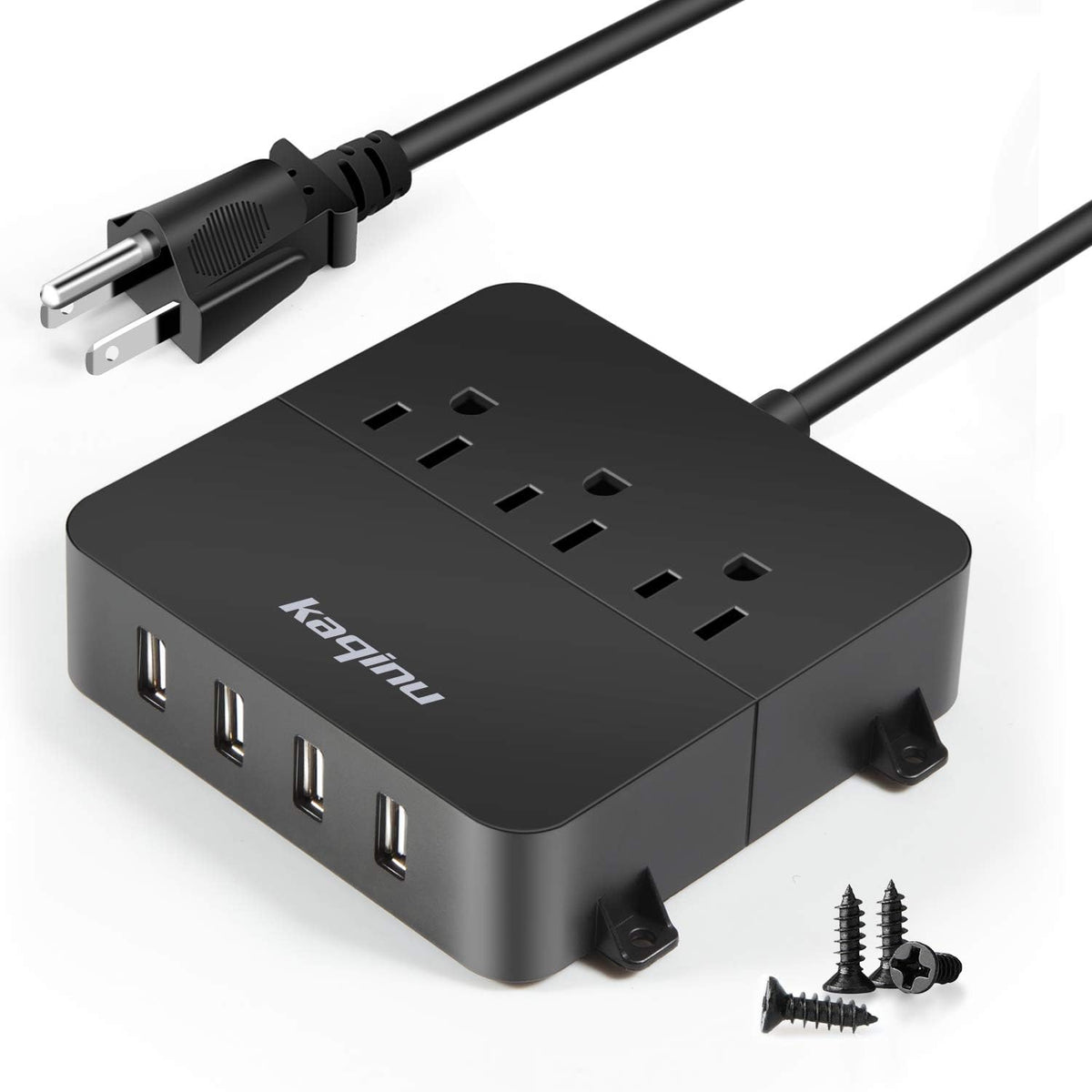 Power Strip with USB - Wall Mountable Power Strip with 4 USB Ports & 3 Outlets with On/Off Switch & 5Ft Extension Cord for Cruise Ship, Travel, Hotel, Office (Black)