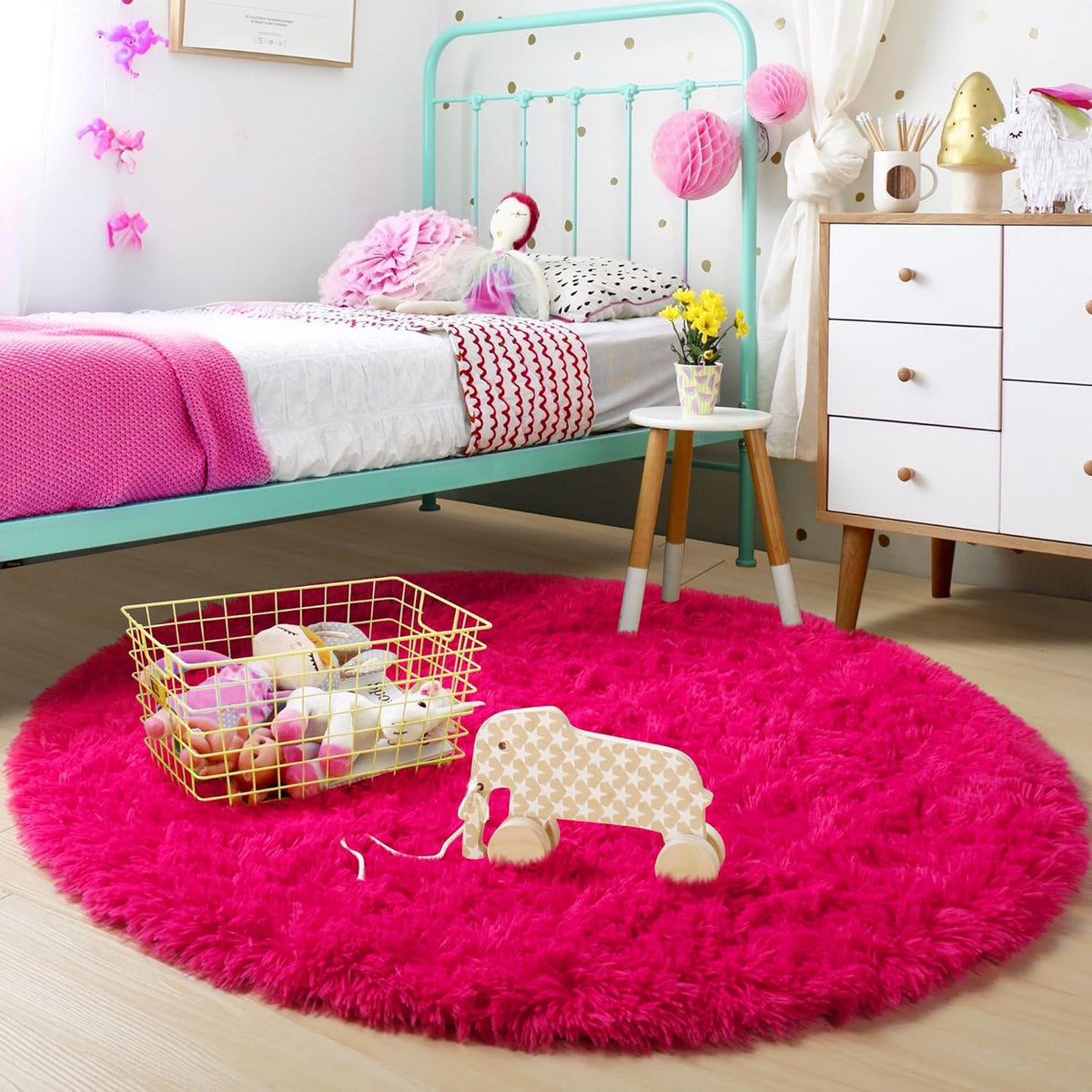 Hot Pink Fluffy round Rug 4Ft for Girls Bedroom Kids Room Nursery | Shaggy Plush Fuzzy Carpet, Dorm Classroom Playroom Decor, Cutecore Kidcore Aesthetic, Fuschia Magenta Color, Circular Circle