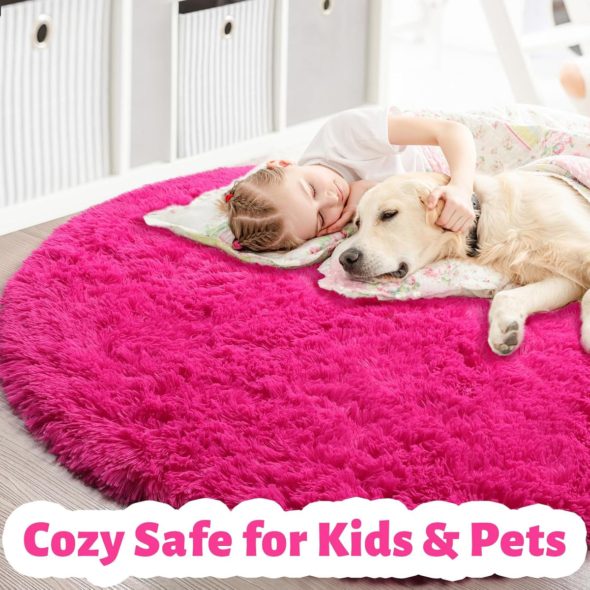 Hot Pink Fluffy round Rug 4Ft for Girls Bedroom Kids Room Nursery | Shaggy Plush Fuzzy Carpet, Dorm Classroom Playroom Decor, Cutecore Kidcore Aesthetic, Fuschia Magenta Color, Circular Circle