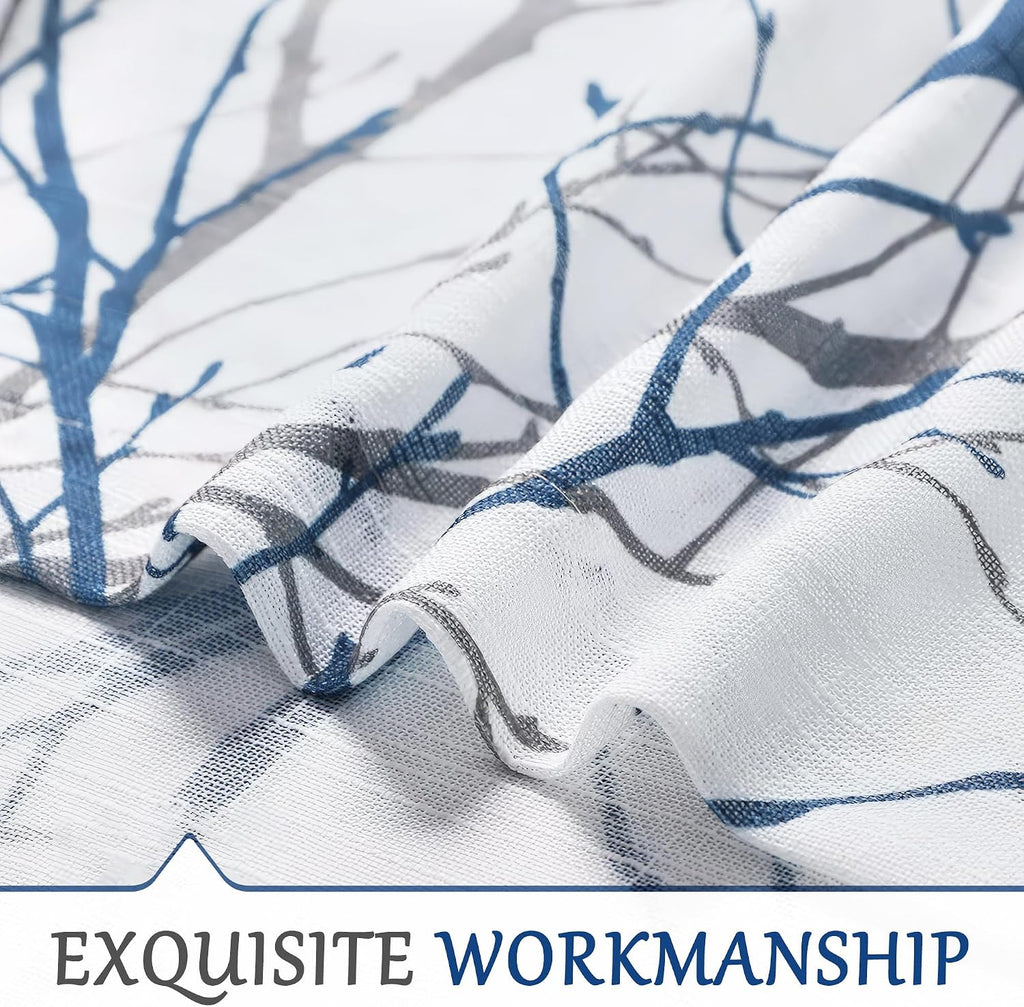 Blue Kitchen Valance Curtain for Living Room Grey Branch Print on Linen Texture Look Window Valance for Bedroom Rod Pocket Window Treatment 1 Panel, 50 X 18 Inches
