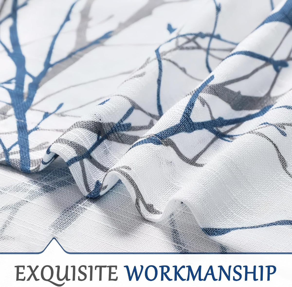 Blue Kitchen Valance Curtain for Living Room Grey Branch Print on Linen Texture Look Window Valance for Bedroom Rod Pocket Window Treatment 1 Panel, 50 X 18 Inches