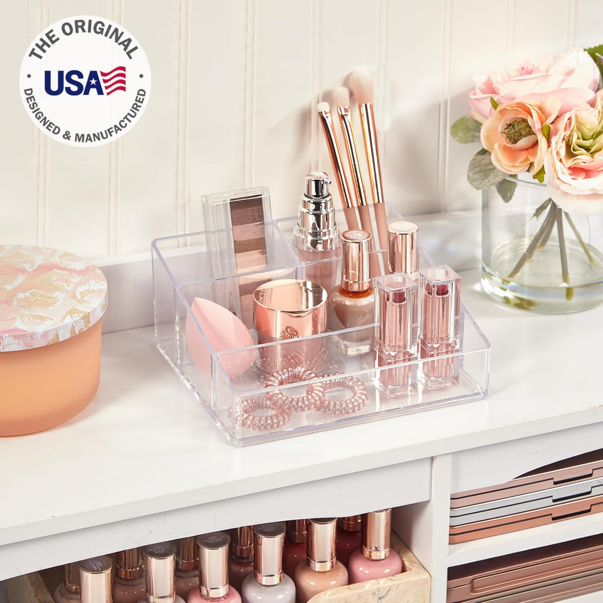Clear Plastic Small Countertop Vanity Makeup Organizer, Compact Rectangular 4-Compartment Holder for Brushes, Eyeshadow Palettes, & Beauty Supplies, Made in USA