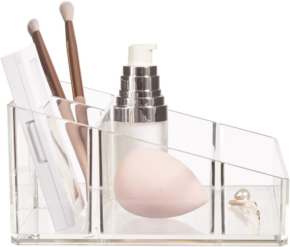 Clear Plastic Small Countertop Vanity Makeup Organizer, Compact Rectangular 4-Compartment Holder for Brushes, Eyeshadow Palettes, & Beauty Supplies, Made in USA