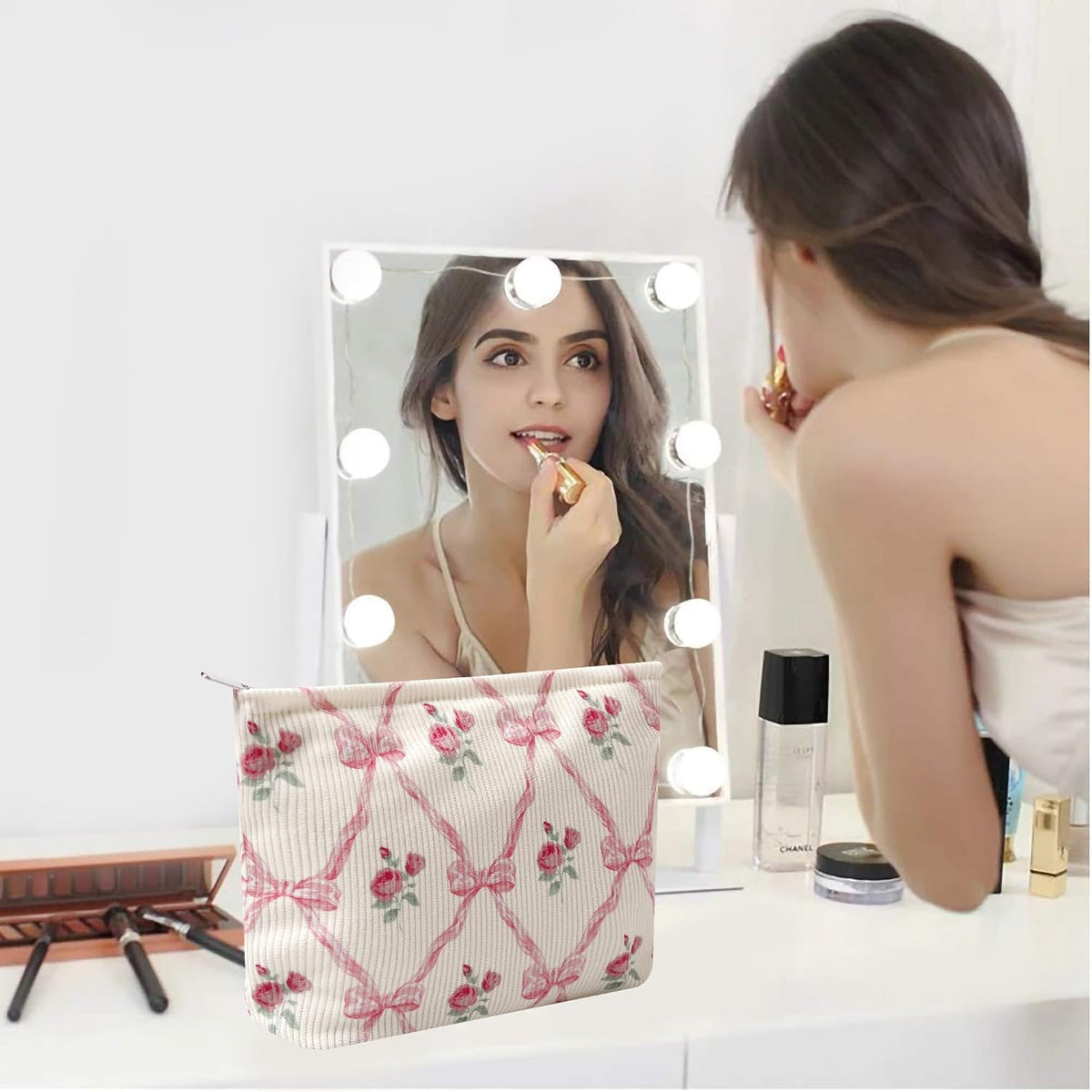 Cosmetic Bags for Women - Corduroy Cosmetic Bag Aesthetic Women Handbags Purses Smile Dots Makeup Organizer Storage Makeup Bag Girls Case Bags (Flowers-Orchid)