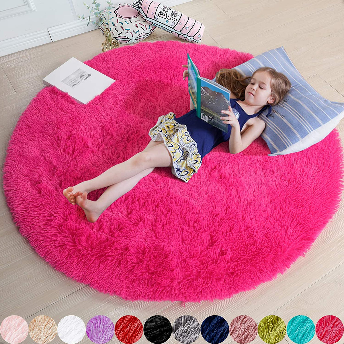 Hot Pink Fluffy round Rug 4Ft for Girls Bedroom Kids Room Nursery | Shaggy Plush Fuzzy Carpet, Dorm Classroom Playroom Decor, Cutecore Kidcore Aesthetic, Fuschia Magenta Color, Circular Circle