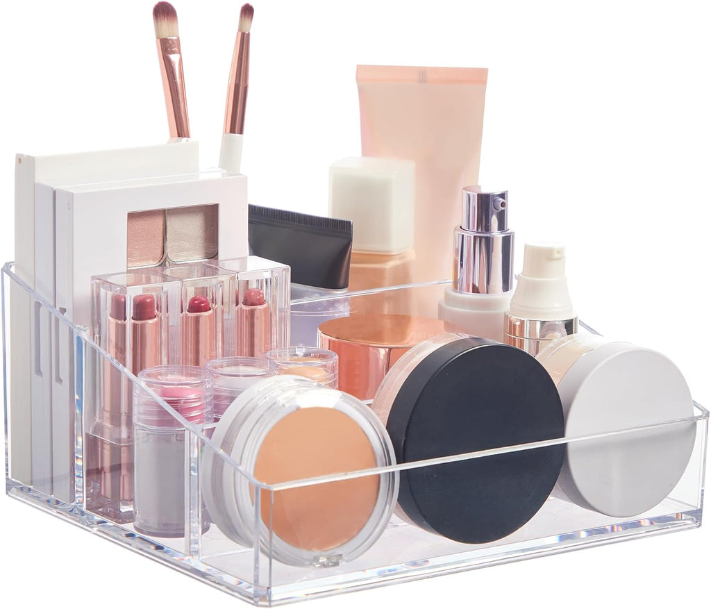 Clear Plastic Small Countertop Vanity Makeup Organizer, Compact Rectangular 4-Compartment Holder for Brushes, Eyeshadow Palettes, & Beauty Supplies, Made in USA