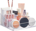 Clear Plastic Small Countertop Vanity Makeup Organizer, Compact Rectangular 4-Compartment Holder for Brushes, Eyeshadow Palettes, & Beauty Supplies, Made in USA
