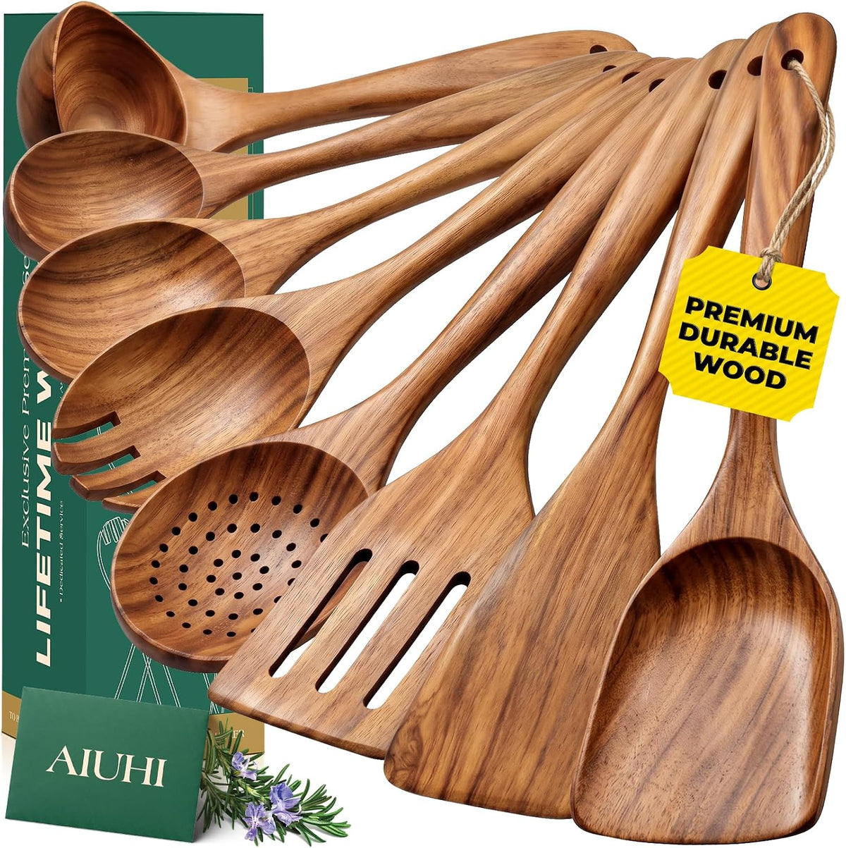 Teak Wood 8-Piece Wooden Kitchen Utensils Set, Wooden Spoons for Cooking, Smooth Wood Spatula Set for Nonstick Cookware, Daily Cooking, Housewarming Gift