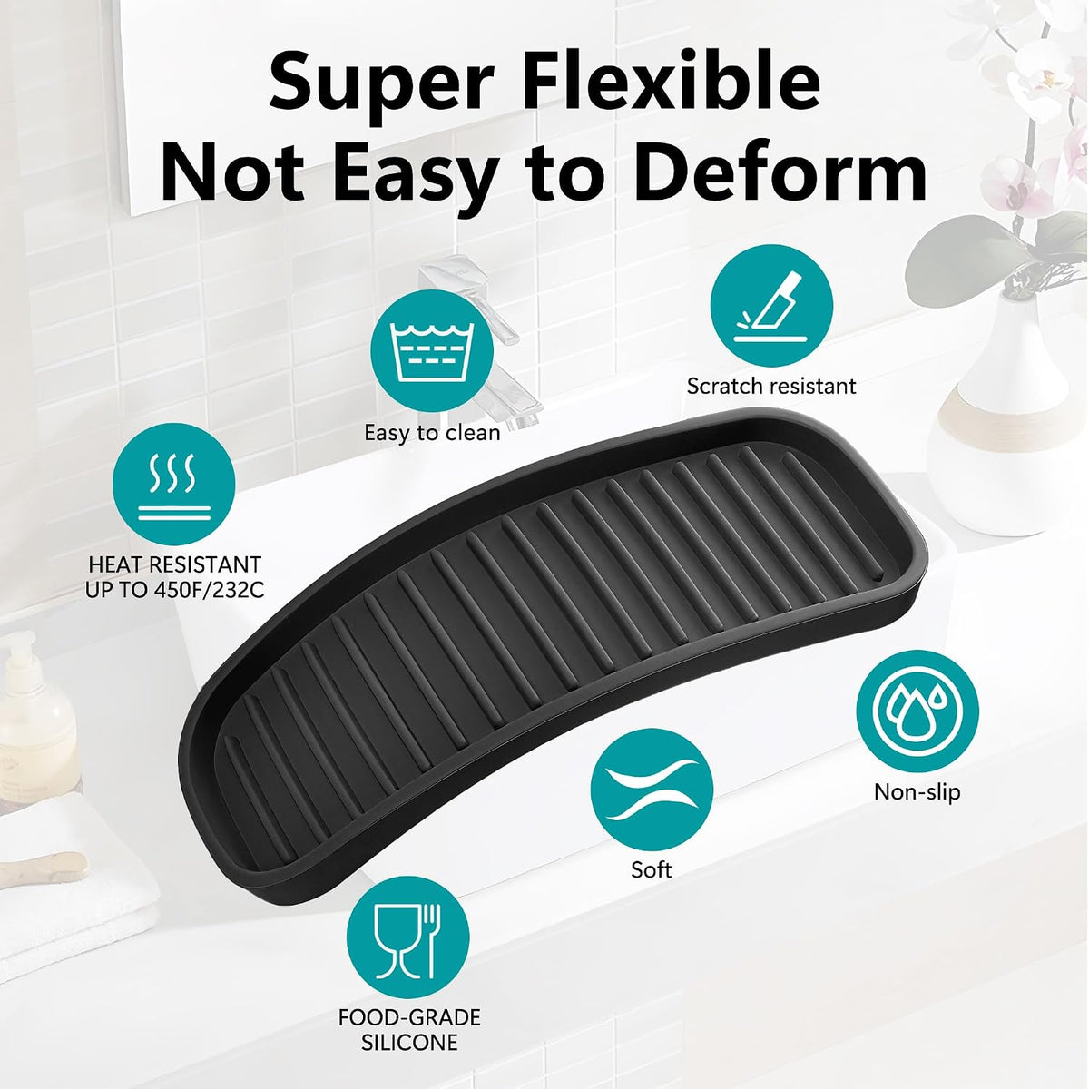Silicone Sponge Holder for Kitchen Sink - Kitchen Soap Tray & Sponge Tray | Silicone Soap Dish, Soap Holder, Dish Sponge Holder Dish Scrubber, Soap Dispenser Tray, Kitchen Sink Organizer, 2 Pack Black