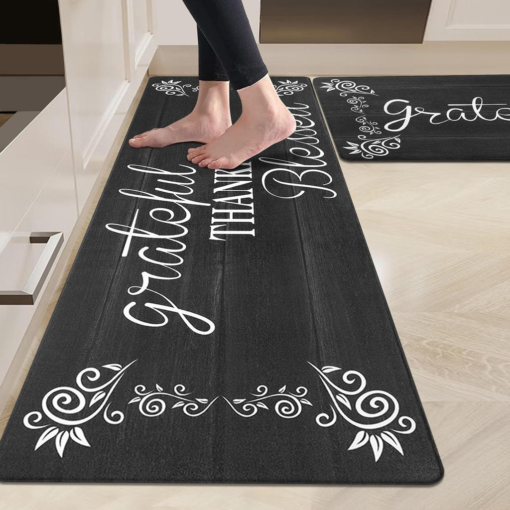 anti Fatigue Kitchen Mat Set of 2, Cushioned Kitchen Mats for Floor | Non Slip Waterproof Kitchen Rug and Runner Set, Farmhouse PVC Foam Comfort Mat Floor Carpet for Sink, Standing Desk, Laundry