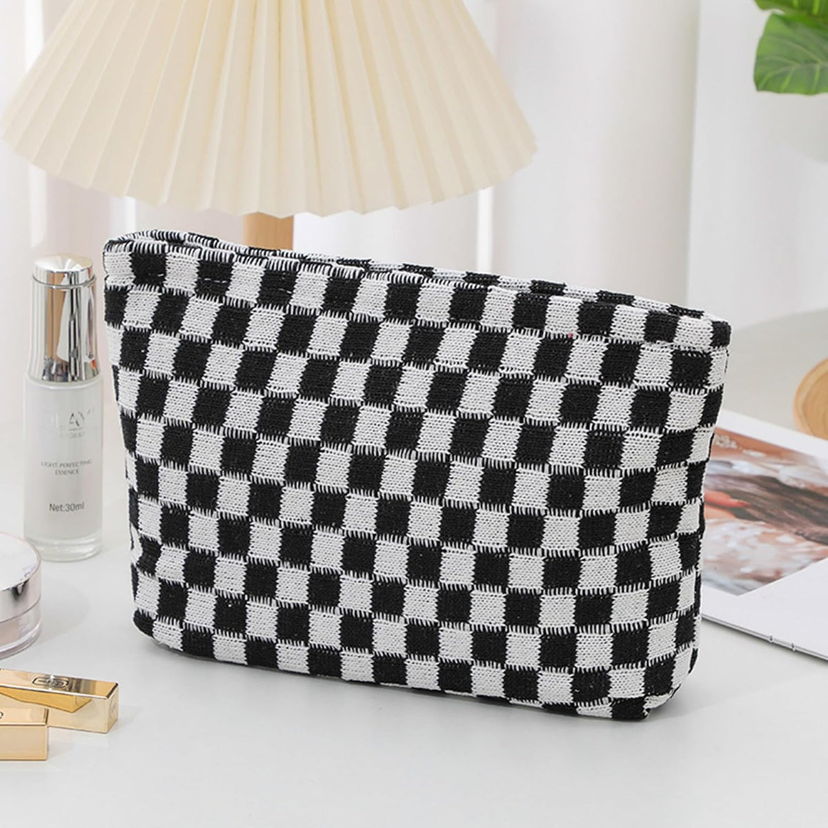 Cosmetic Bags for Women - Corduroy Cosmetic Bag Aesthetic Women Handbags Purses Smile Dots Makeup Organizer Storage Makeup Bag Girls Case Bags (Q-Checkered Black)