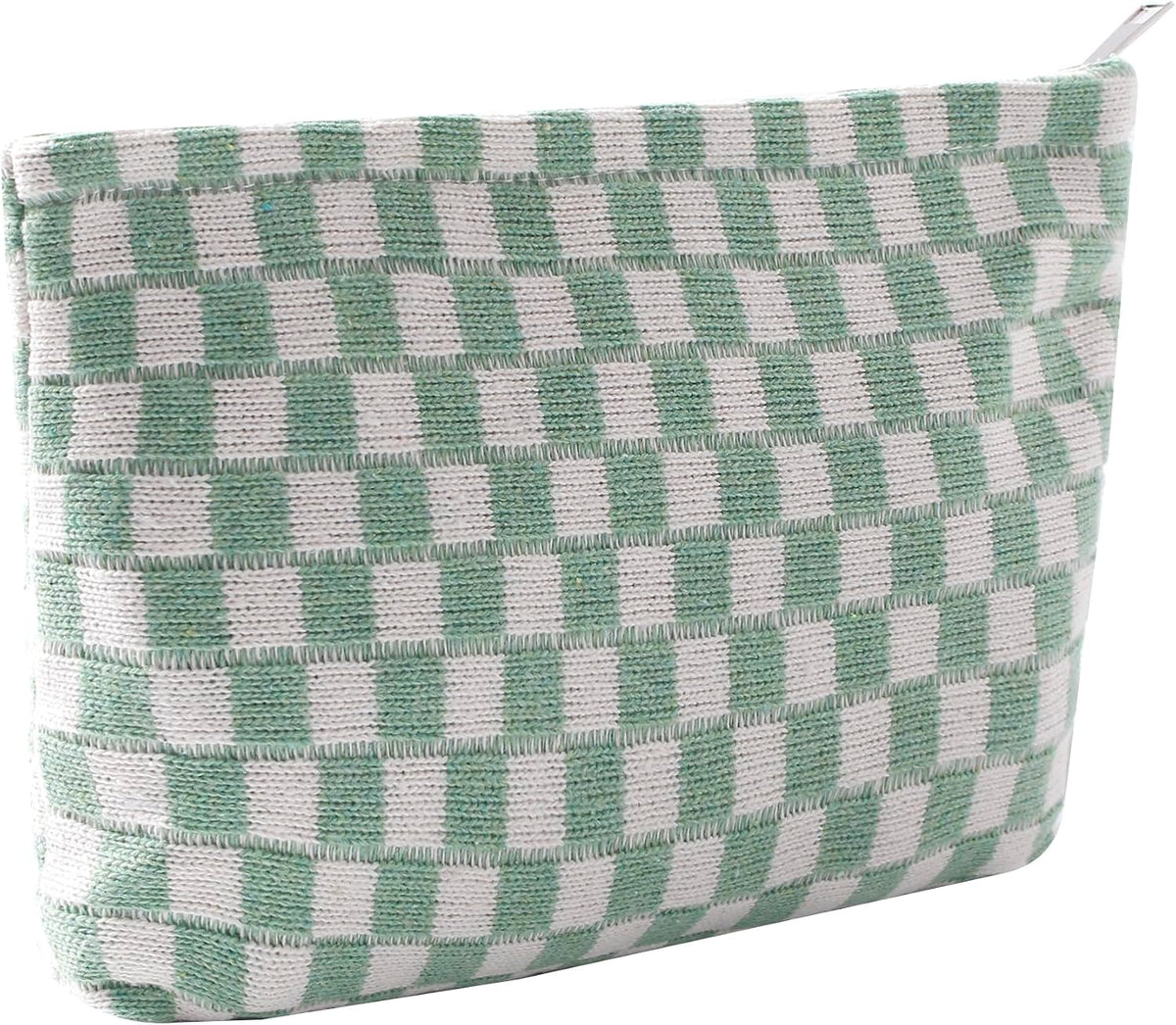 Cosmetic Bags for Women - Corduroy Cosmetic Bag Aesthetic Women Handbags Purses Smile Dots Makeup Organizer Storage Makeup Bag Girls Case Bags (Q-Checkered Light Green)